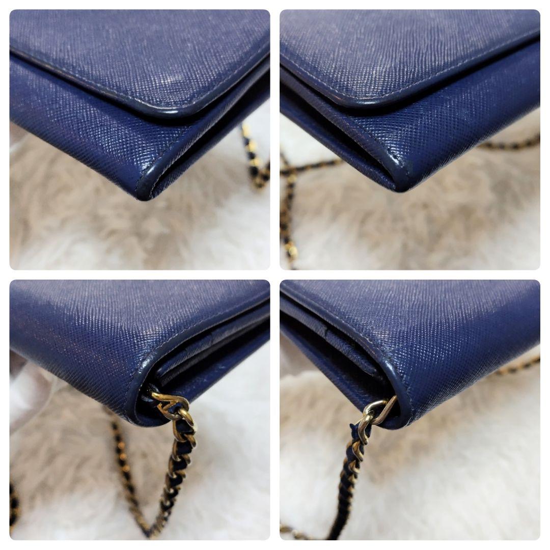 レア美品✨プラダ◇チェーンショルダーウォレット　サフィアーノゴールド金具ネイビー