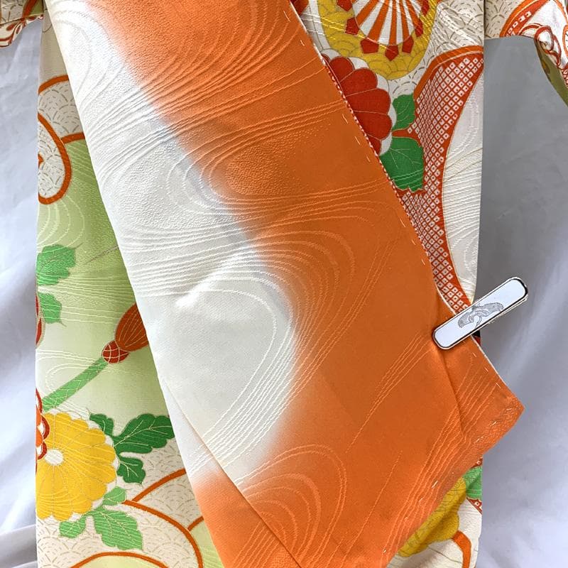 508ag71□七五三 七歳 女児 着物&袋帯 御所車 菊 波頭 黄緑□美品