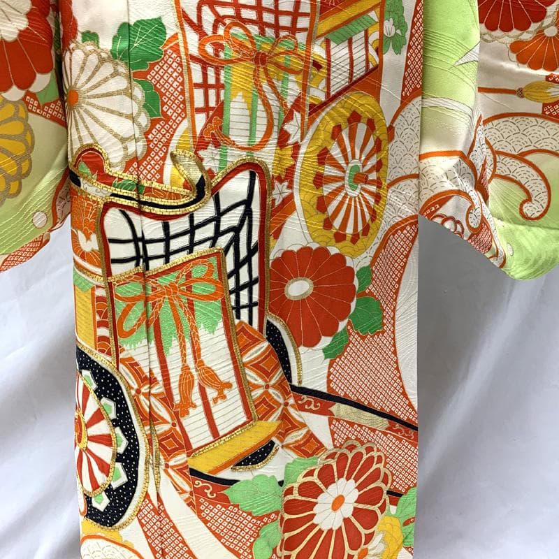 508ag71□七五三 七歳 女児 着物&袋帯 御所車 菊 波頭 黄緑□美品