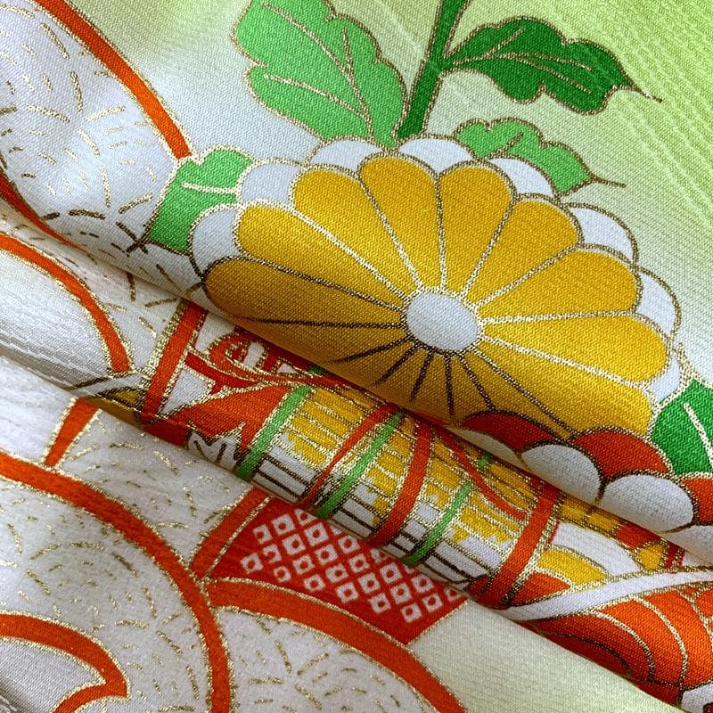 508ag71□七五三 七歳 女児 着物&袋帯 御所車 菊 波頭 黄緑□美品