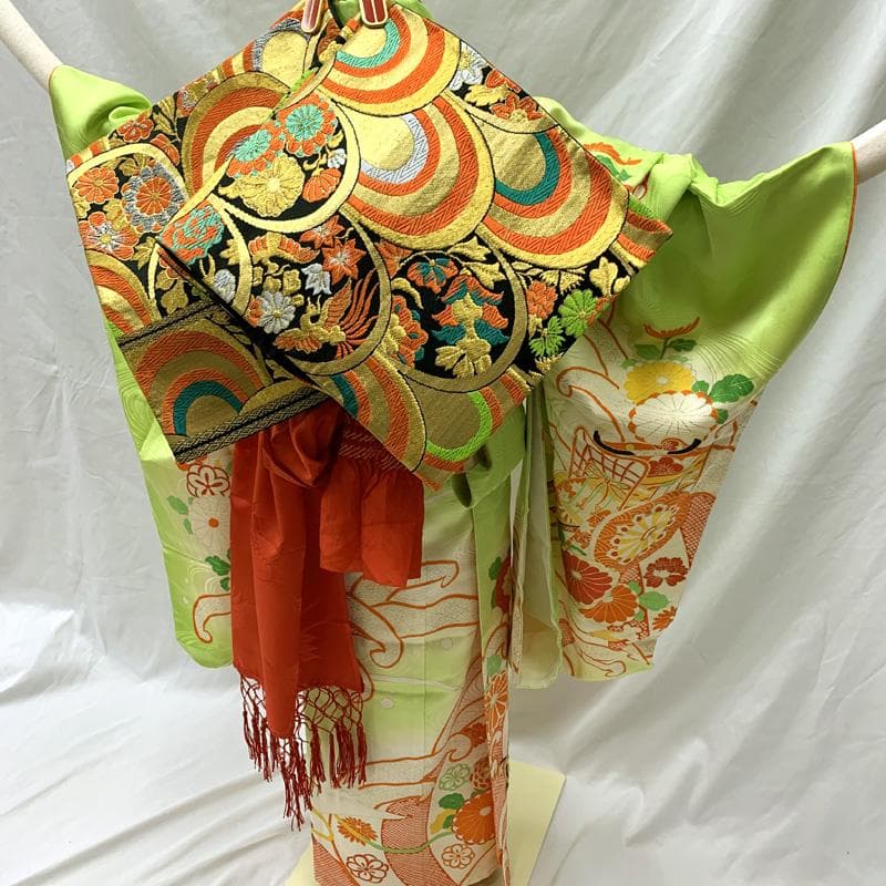 508ag71□七五三 七歳 女児 着物&袋帯 御所車 菊 波頭 黄緑□美品