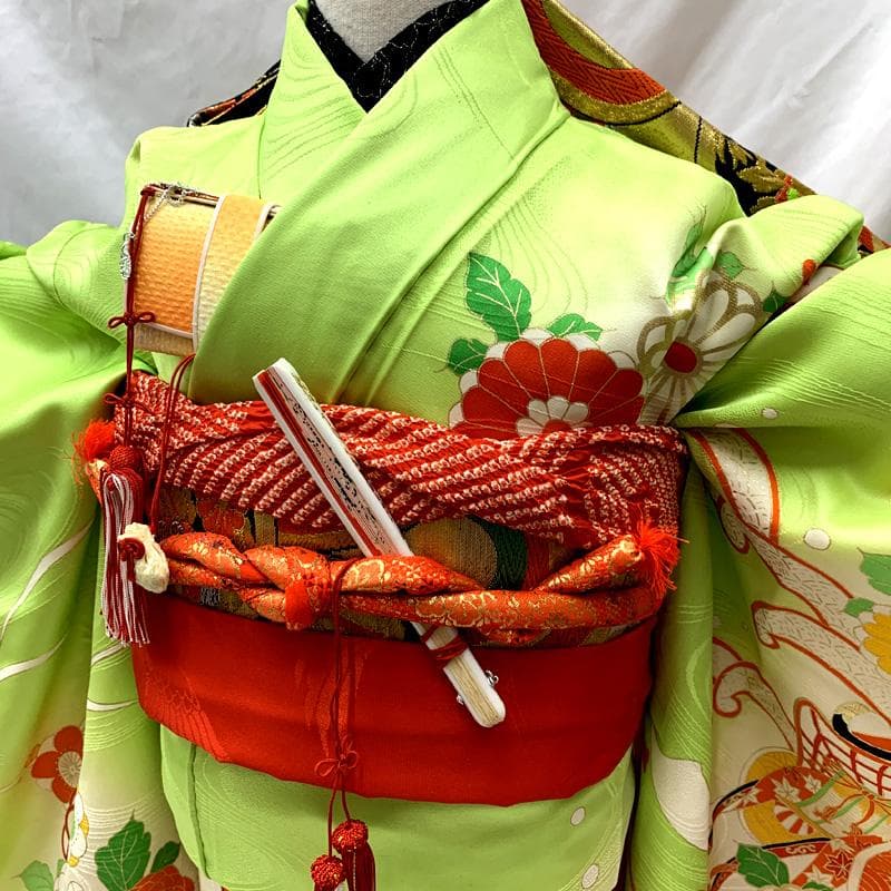 508ag71□七五三 七歳 女児 着物&袋帯 御所車 菊 波頭 黄緑□美品