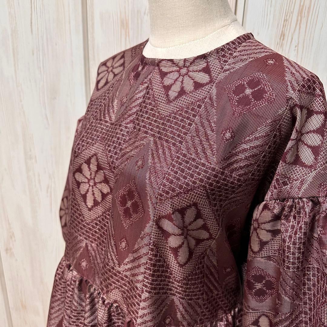 着物リメイク 大島紬から後ろボタンのドロップショルダーワンピース(L~LL)