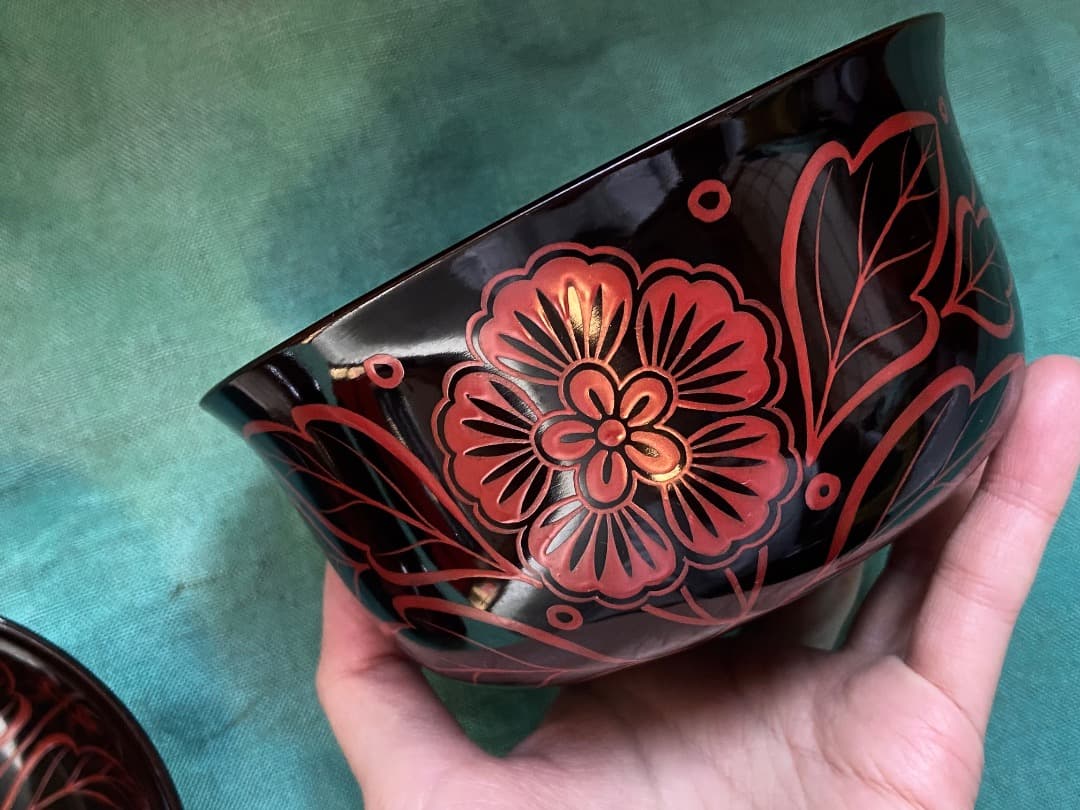 能登蔵出し 時代物 吉野塗 扶養手 蓋付 大椀 2客セット /漆器椀 懐石 正月