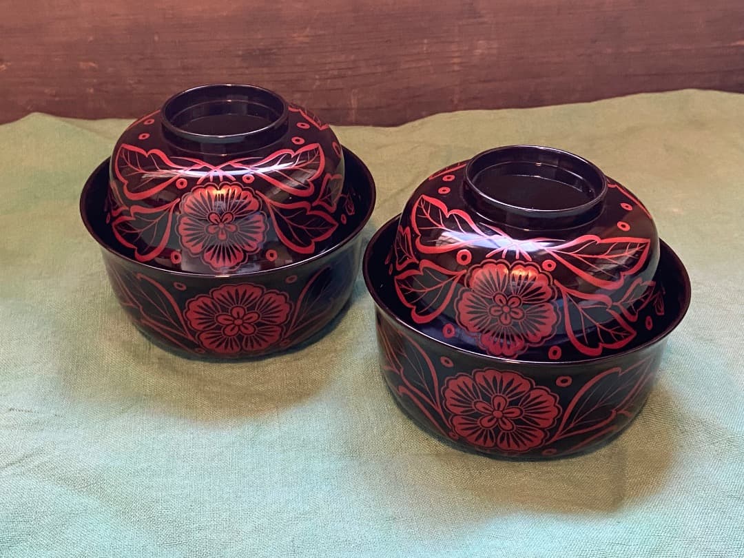 能登蔵出し 時代物 吉野塗 扶養手 蓋付 大椀 2客セット /漆器椀 懐石 正月