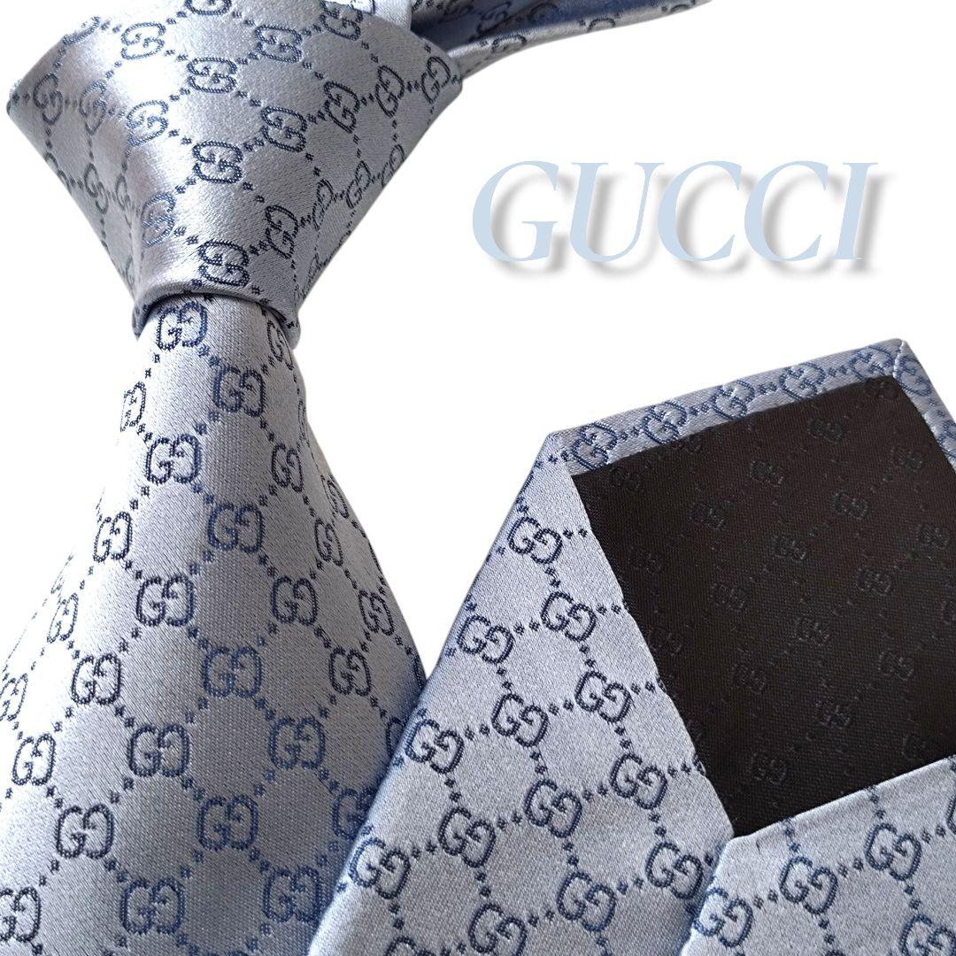 【極美品】近年 GUCCI グッチ ネクタイ GG柄 ベルト柄 ライトブルー