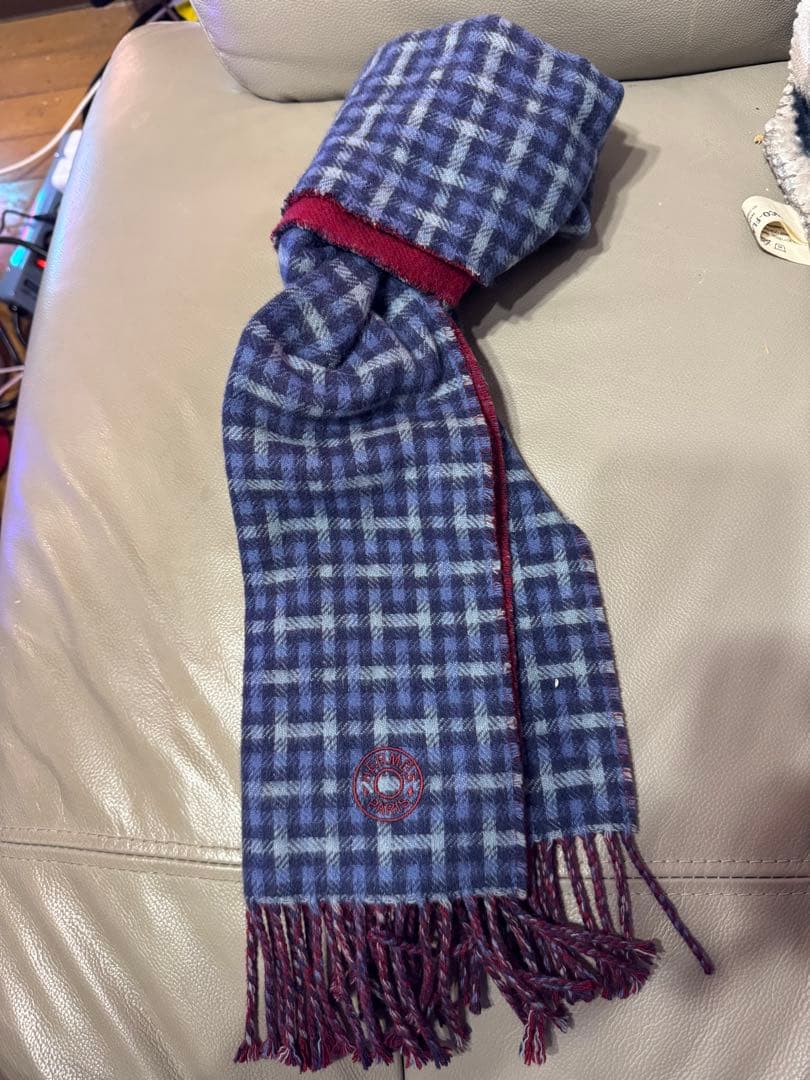 HERMES エルメス ロゴ刺繍 マフラー カシミヤ混 ブルー/レッド