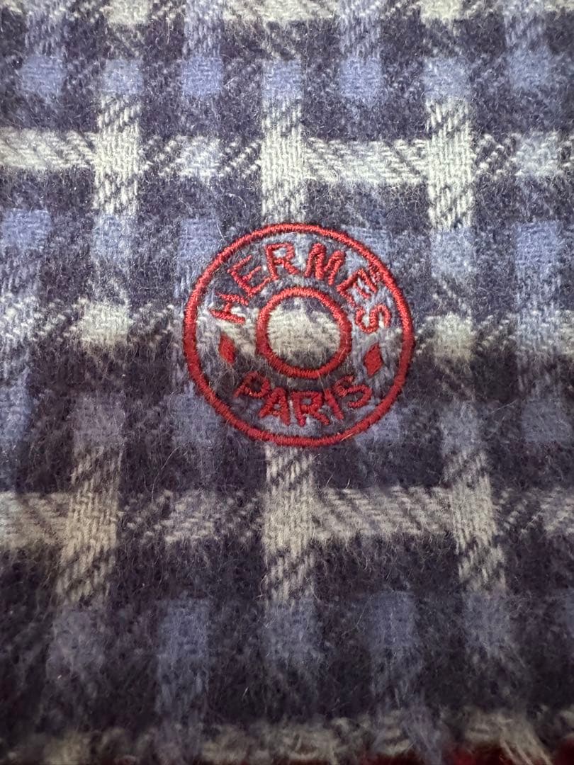 HERMES エルメス ロゴ刺繍 マフラー カシミヤ混 ブルー/レッド