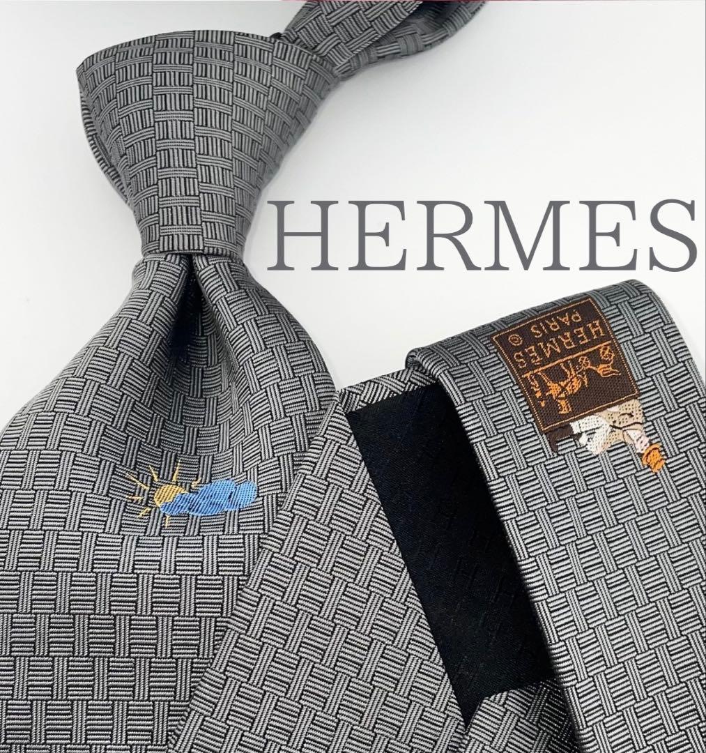 美品 エルメス ハイブランド ネクタイ ファソネ H柄 グレー 天気柄