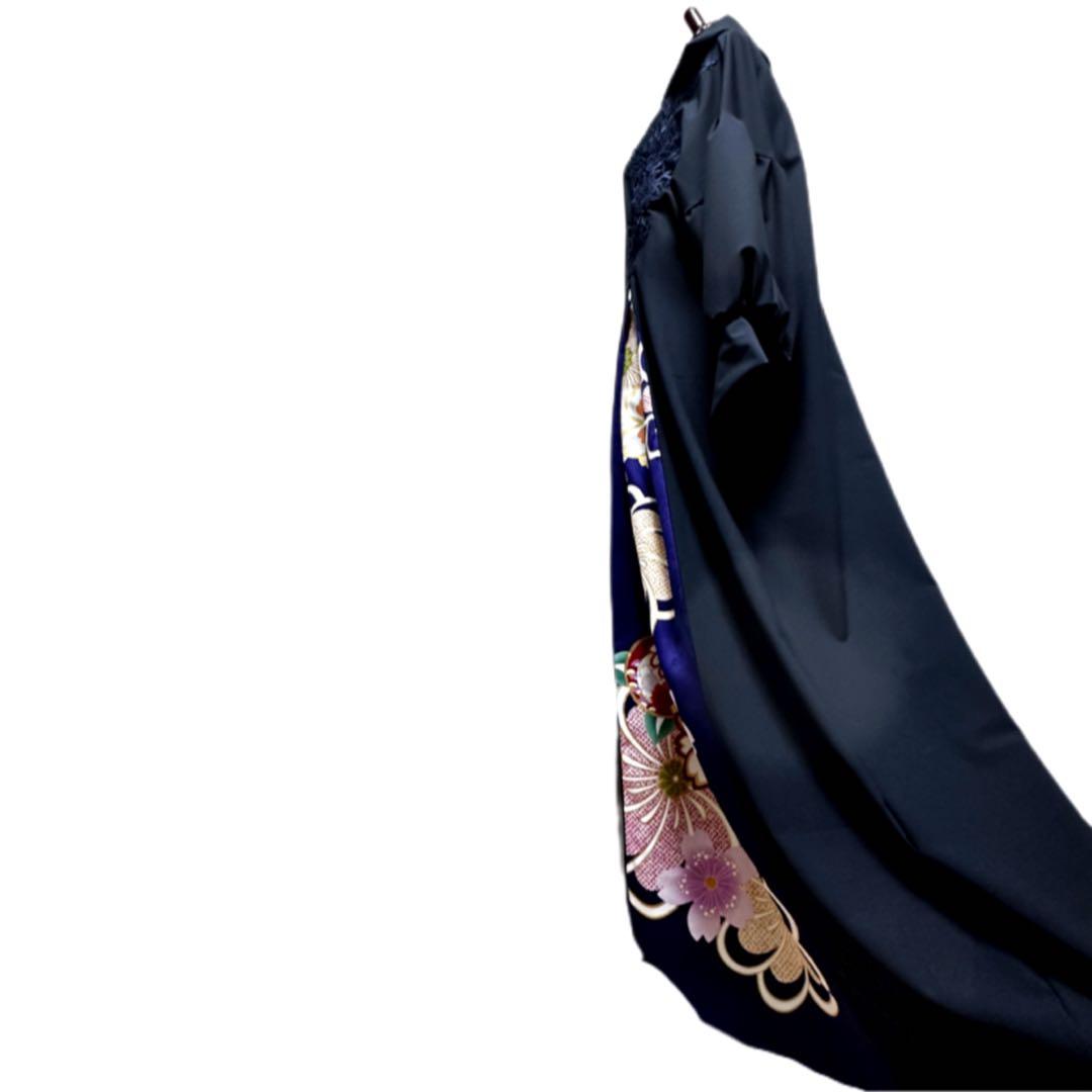 振袖　着物リメイク　ドレス　濃紺×金彩桜や菊や橘　和柄　ワンピース　ハンドメイド