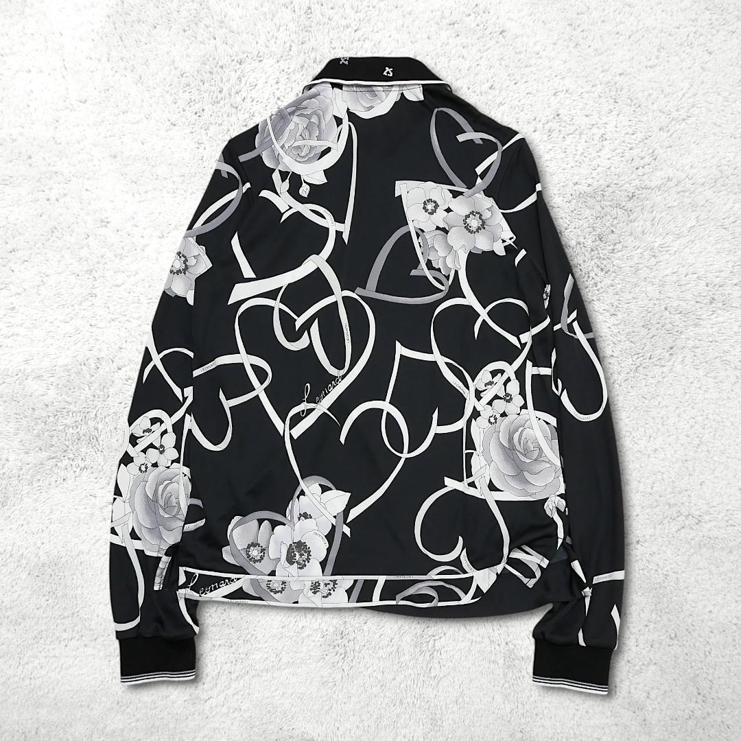 美品【レオナール】フラワー&ハート プリント 40 長袖 ポロシャツ ブラック