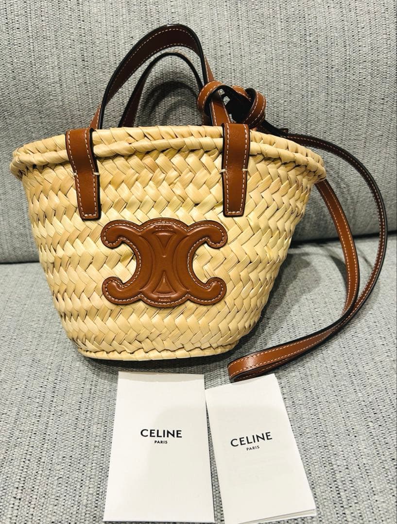 【値下げ】CELINE セリーヌ ミニパニエ　ラフィア&カーフスキン
