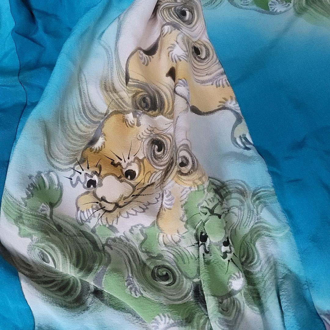 リメイク材料　アンティーク着物　獅子舞い　狛犬　一閑張り　柿渋染め　裾引き