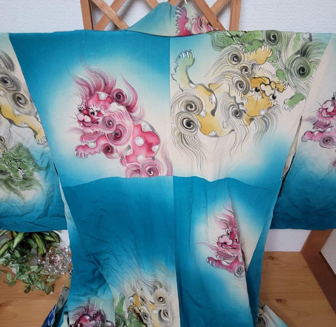 リメイク材料　アンティーク着物　獅子舞い　狛犬　一閑張り　柿渋染め　裾引き