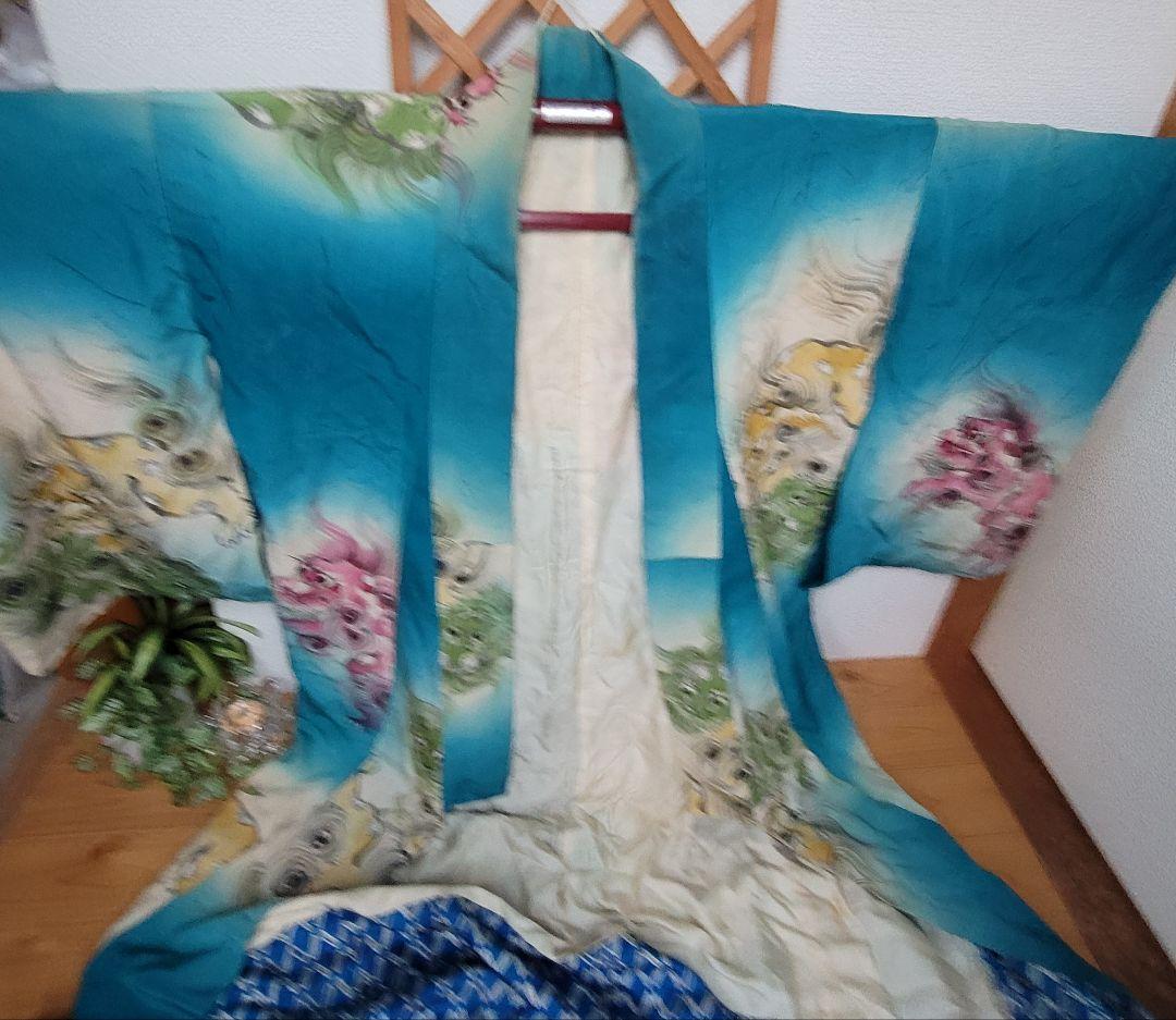 リメイク材料　アンティーク着物　獅子舞い　狛犬　一閑張り　柿渋染め　裾引き