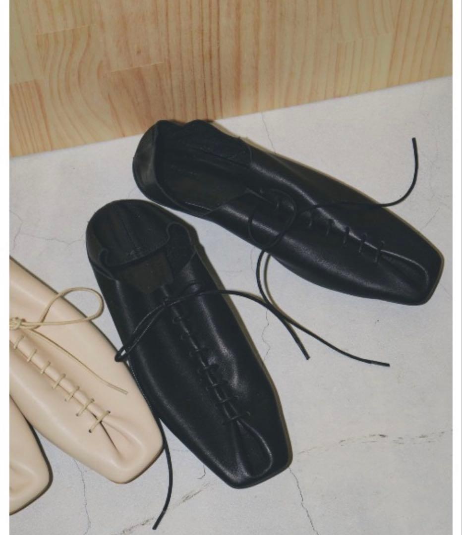 【まり】TODAYFUL レースアップ　レザー フラットシューズ　ブラック