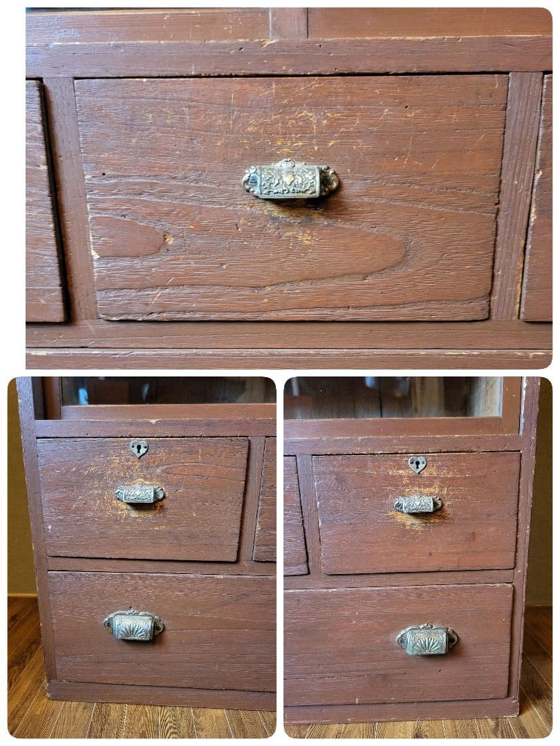 ガラス戸棚　引き出し　4杯　ゆらゆらガラス　古道具　アンティーク