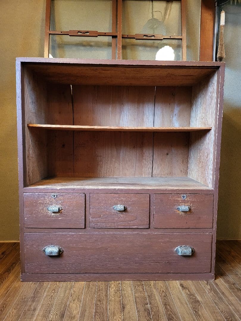 ガラス戸棚　引き出し　4杯　ゆらゆらガラス　古道具　アンティーク