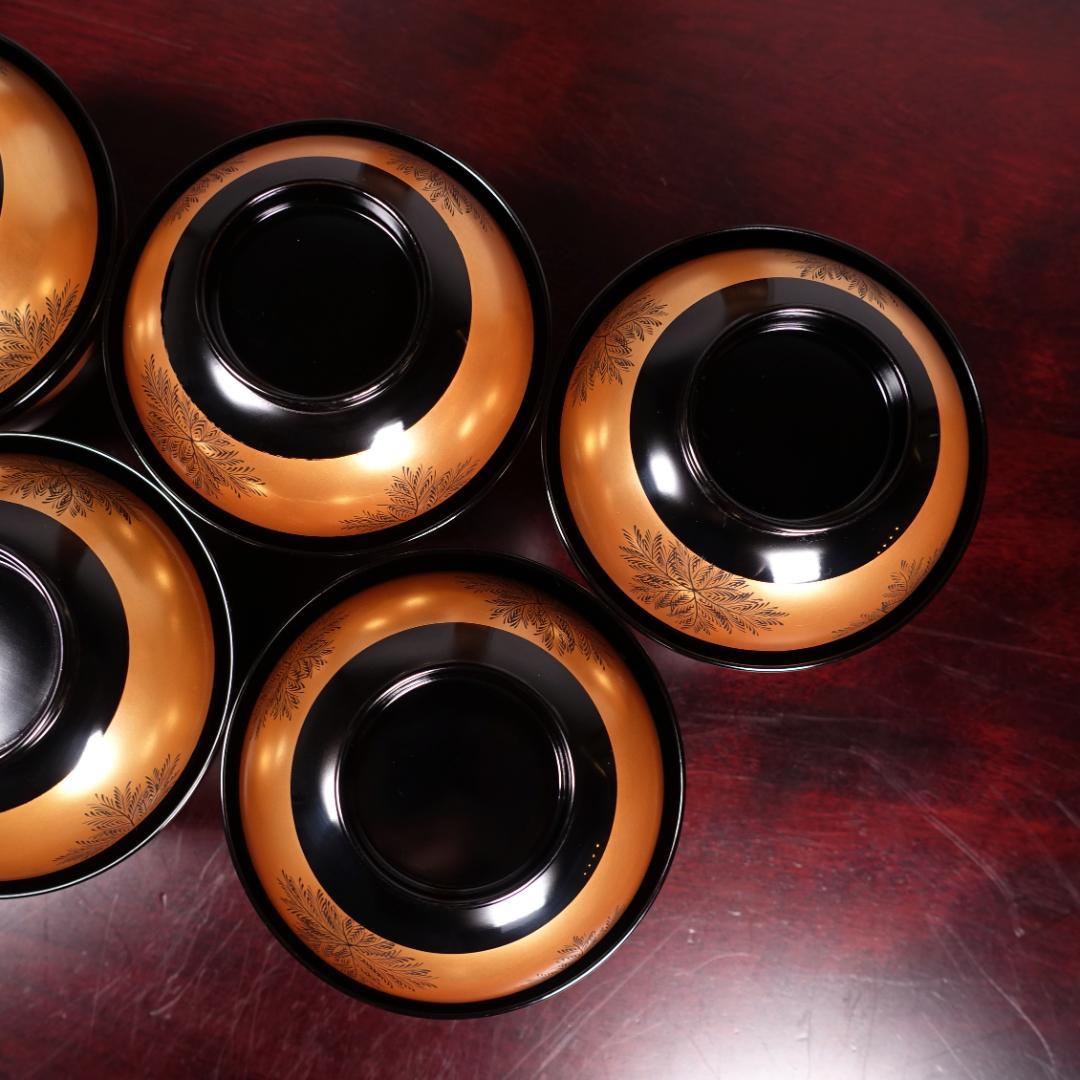 輪島塗 黒塗 蒔絵 草彫 吸物椀 5客 共箱 天然木製漆器