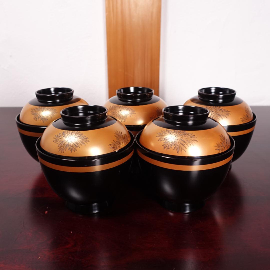 輪島塗 黒塗 蒔絵 草彫 吸物椀 5客 共箱 天然木製漆器