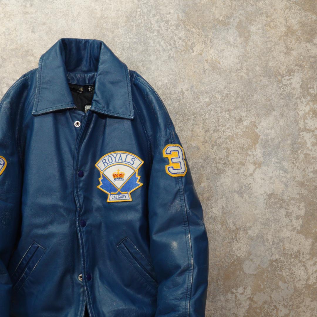 80s-90s オールレザースタジャン 40 カナダ ブルー ライナー 襟付き