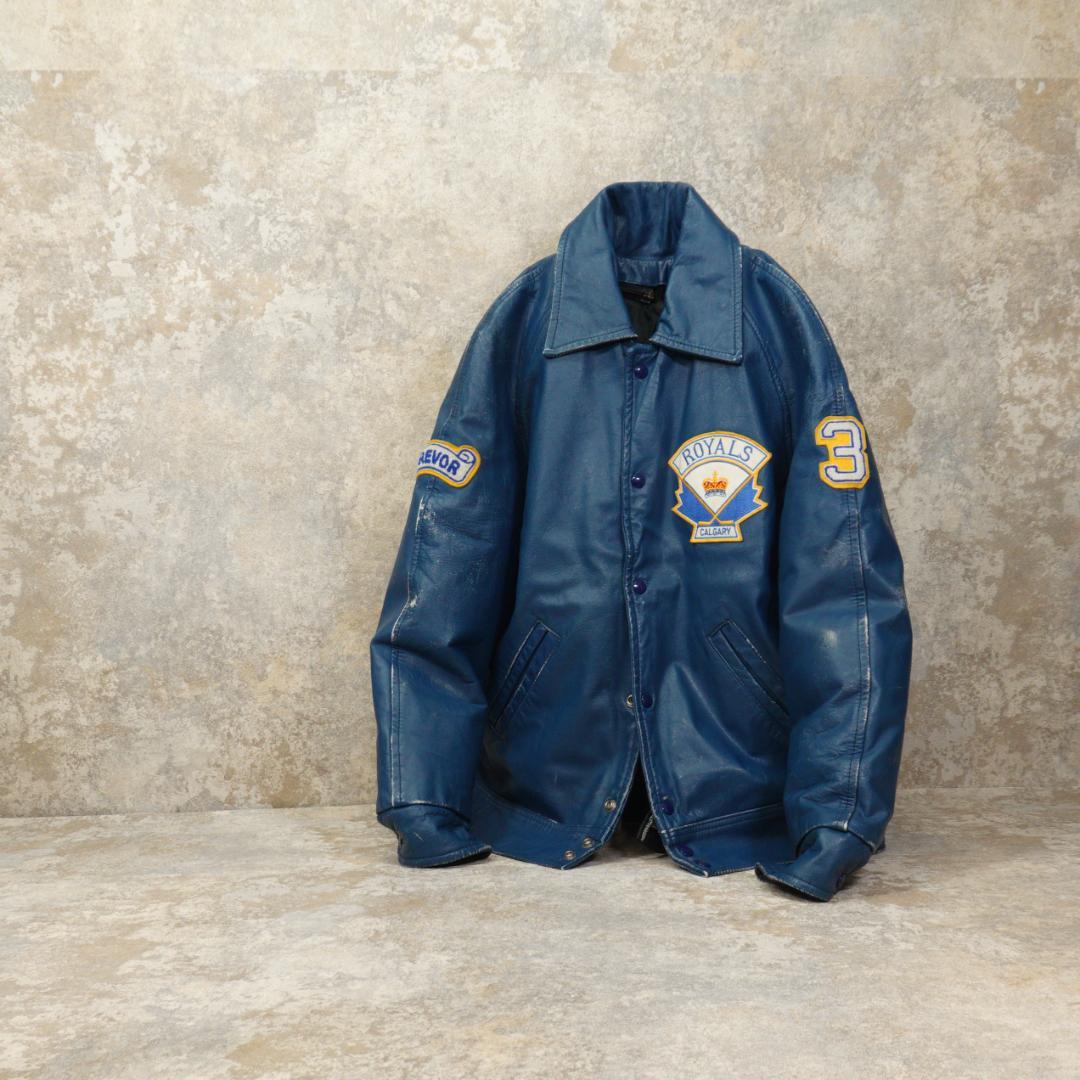80s-90s オールレザースタジャン 40 カナダ ブルー ライナー 襟付き