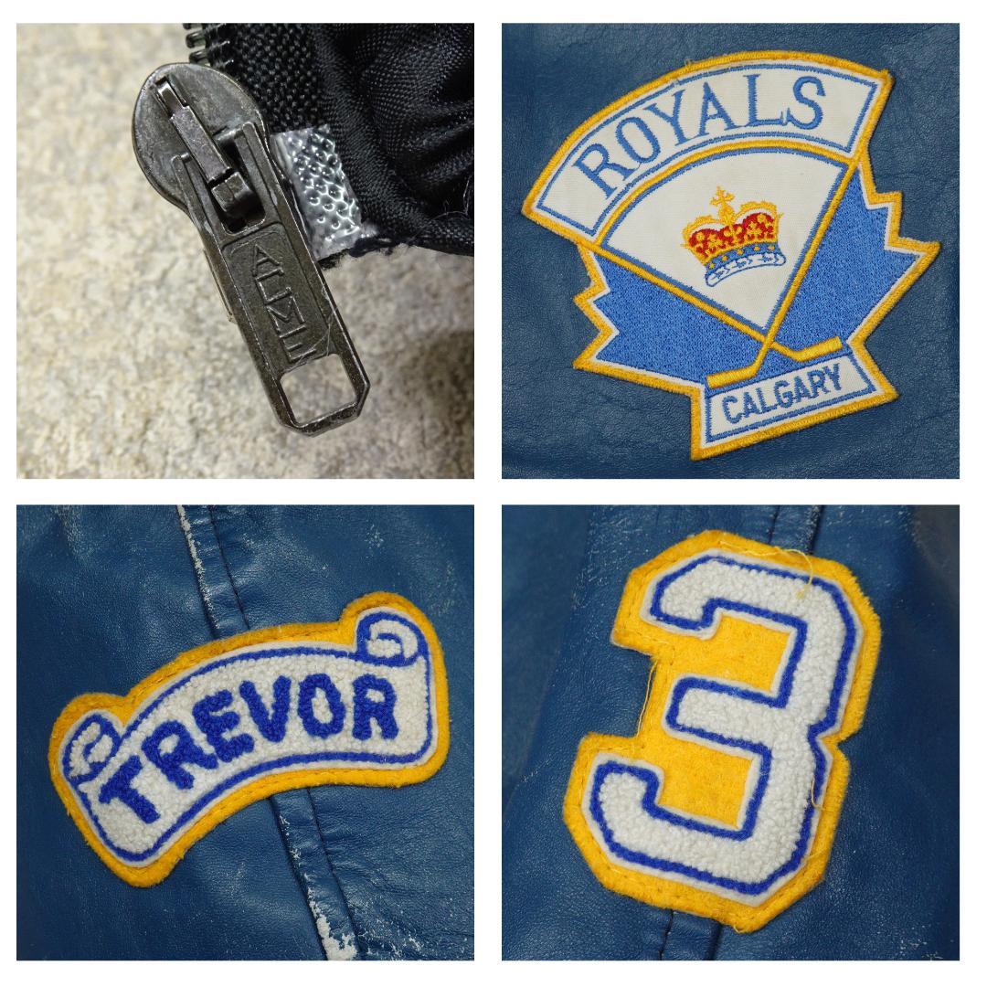 80s-90s オールレザースタジャン 40 カナダ ブルー ライナー 襟付き