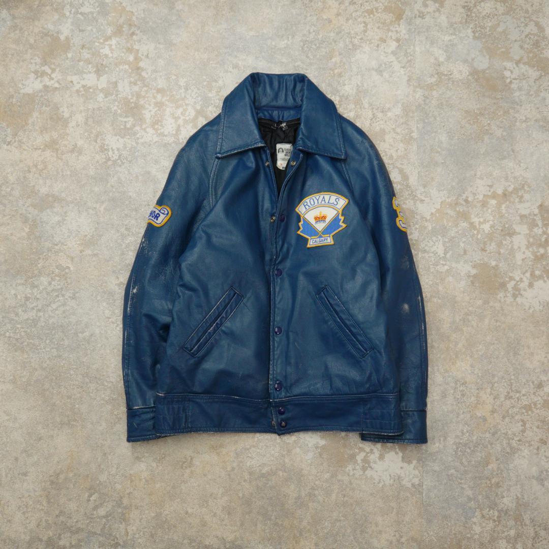 80s-90s オールレザースタジャン 40 カナダ ブルー ライナー 襟付き