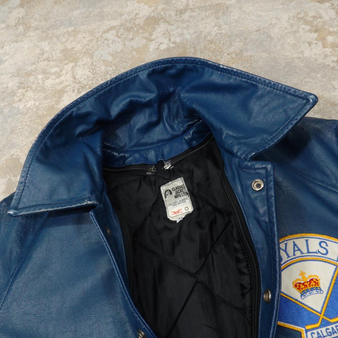 80s-90s オールレザースタジャン 40 カナダ ブルー ライナー 襟付き