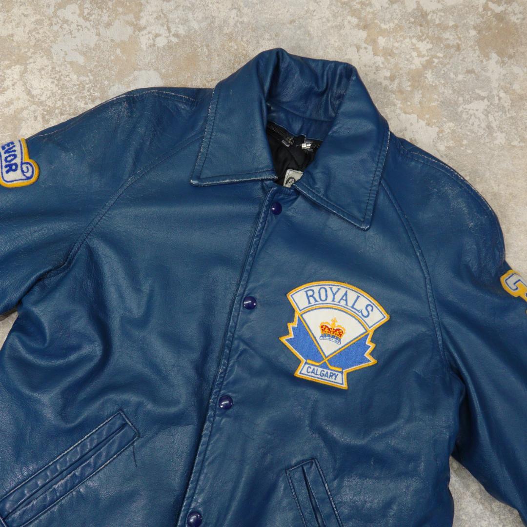 80s-90s オールレザースタジャン 40 カナダ ブルー ライナー 襟付き