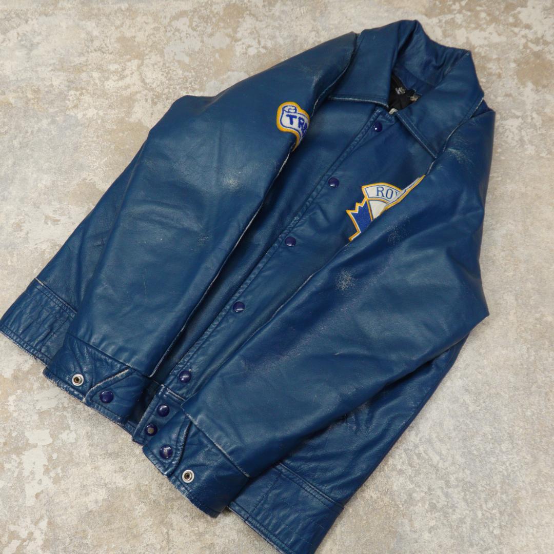 80s-90s オールレザースタジャン 40 カナダ ブルー ライナー 襟付き