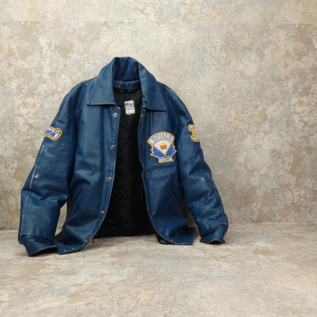 80s-90s オールレザースタジャン 40 カナダ ブルー ライナー 襟付き
