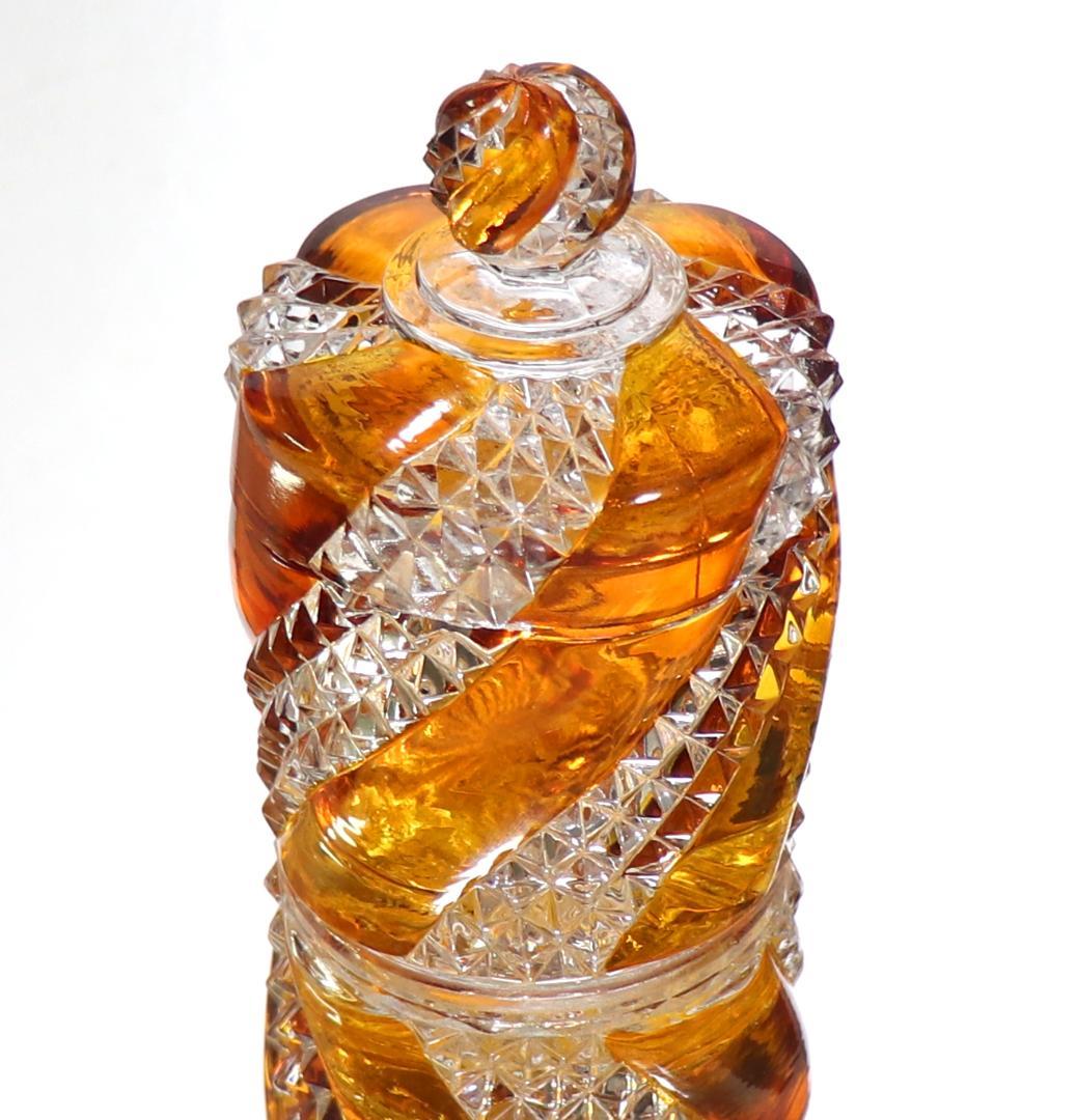 オールド・バカラ 1880年 珍品 サーペンティン 琥珀色ガラス蓋物 小物入れ