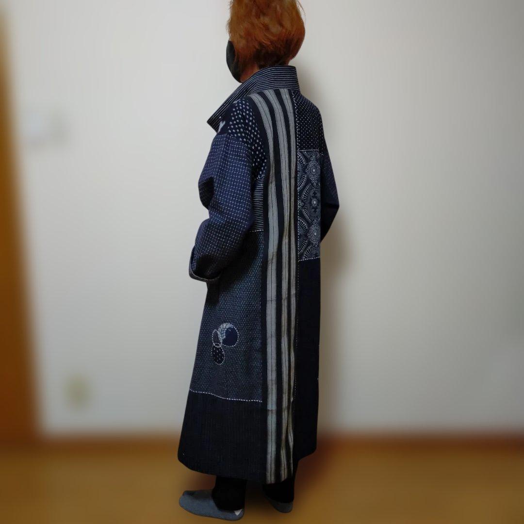 古布リメイク　筒描き、型染、縞木綿久留米絣からロングコート　　お値下げしました
