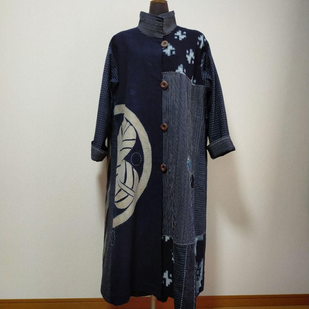 古布リメイク　筒描き、型染、縞木綿久留米絣からロングコート　　お値下げしました