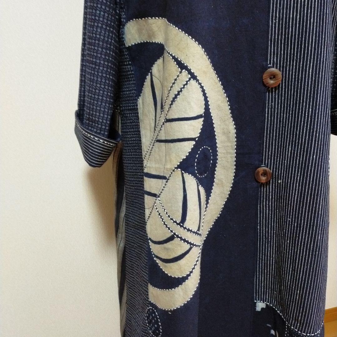 古布リメイク　筒描き、型染、縞木綿久留米絣からロングコート　　お値下げしました