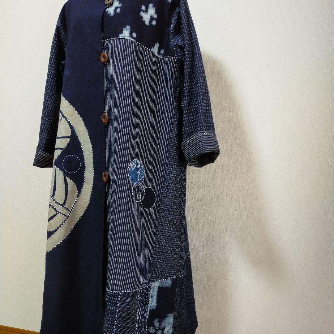 古布リメイク　筒描き、型染、縞木綿久留米絣からロングコート　　お値下げしました
