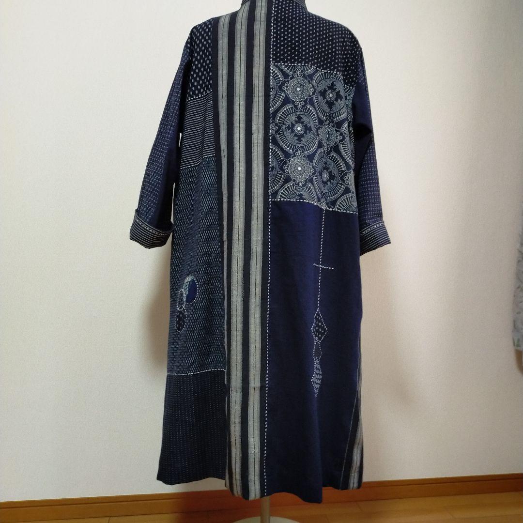 古布リメイク　筒描き、型染、縞木綿久留米絣からロングコート　　お値下げしました