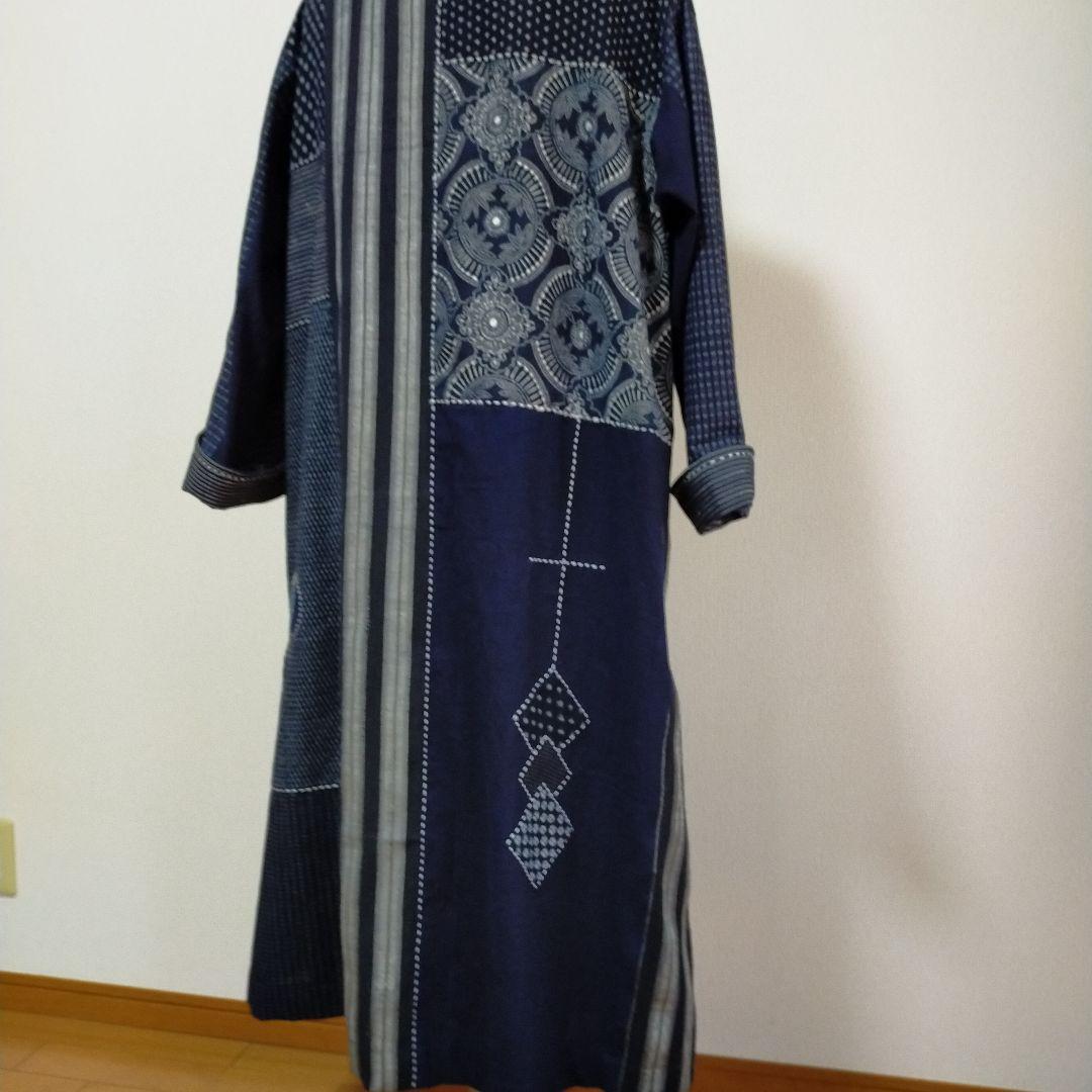 古布リメイク　筒描き、型染、縞木綿久留米絣からロングコート　　お値下げしました