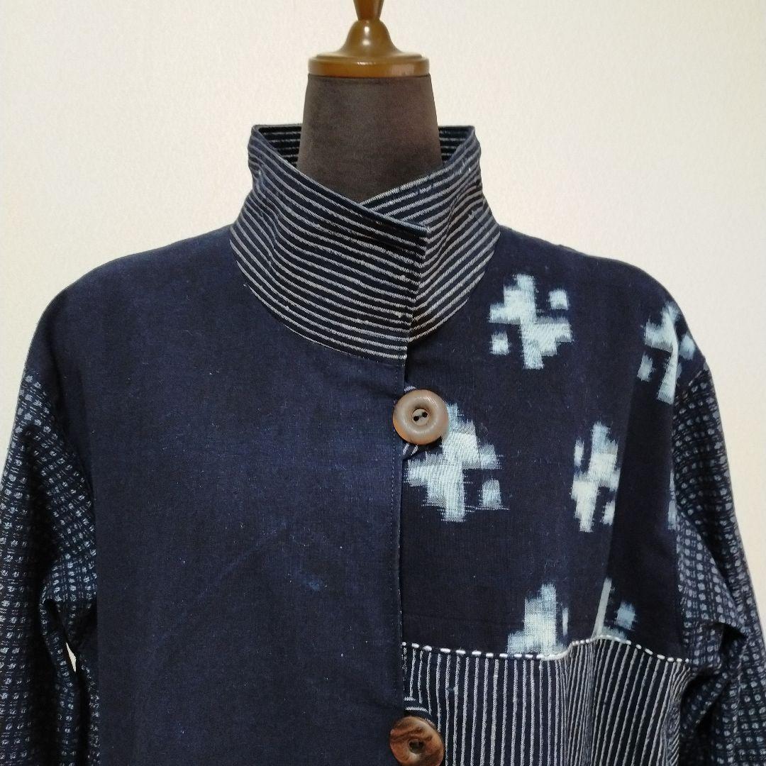 古布リメイク　筒描き、型染、縞木綿久留米絣からロングコート　　お値下げしました