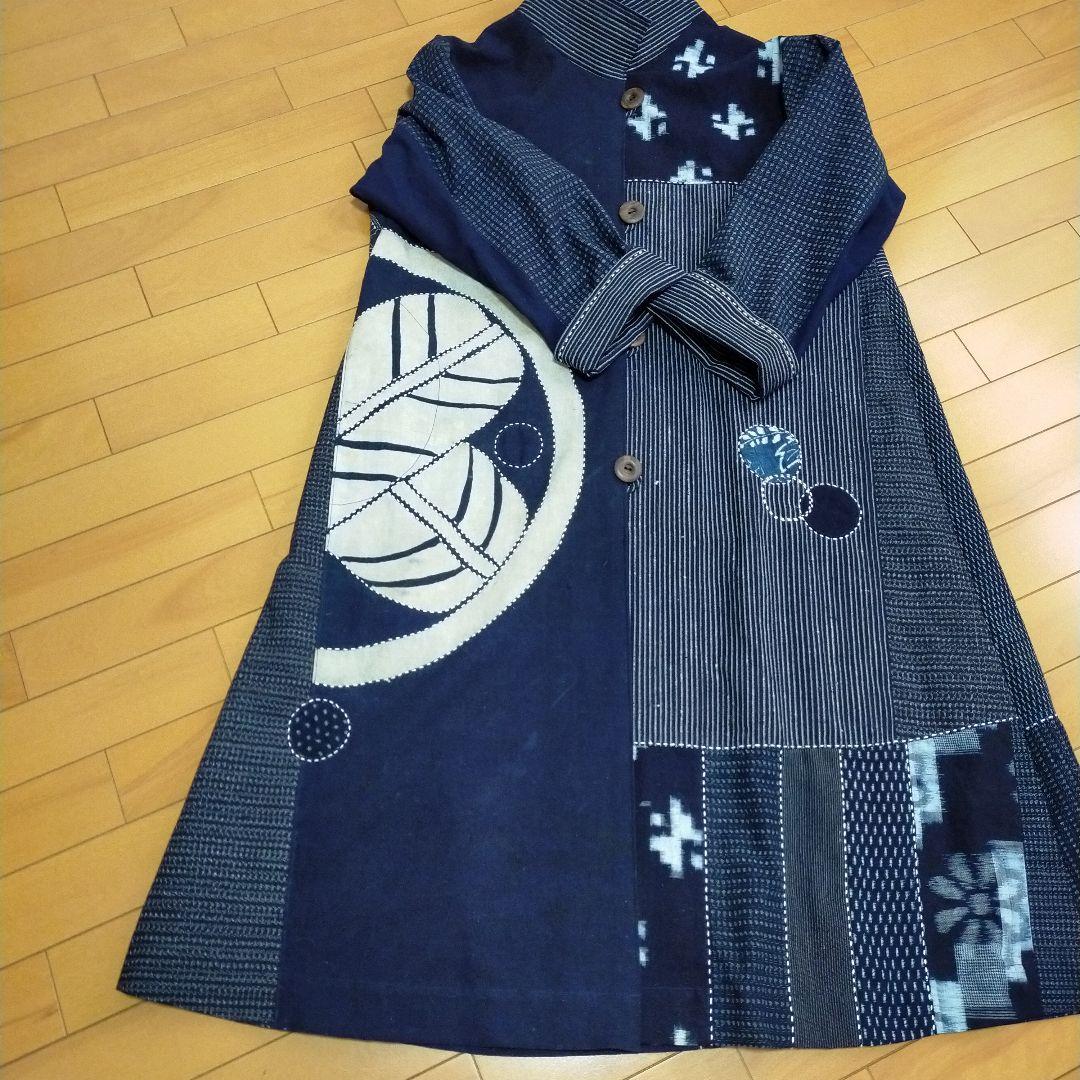 古布リメイク　筒描き、型染、縞木綿久留米絣からロングコート　　お値下げしました