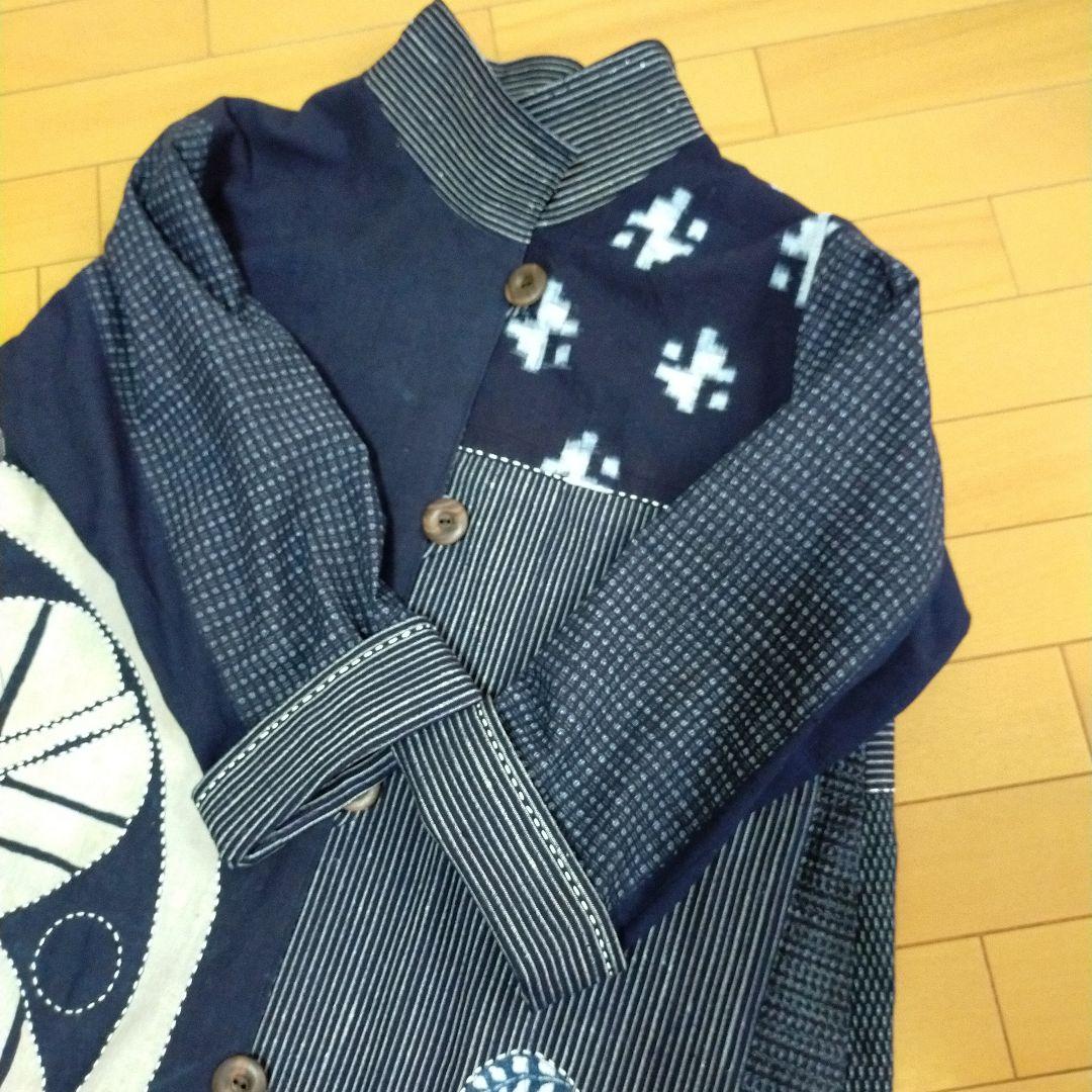 古布リメイク　筒描き、型染、縞木綿久留米絣からロングコート　　お値下げしました