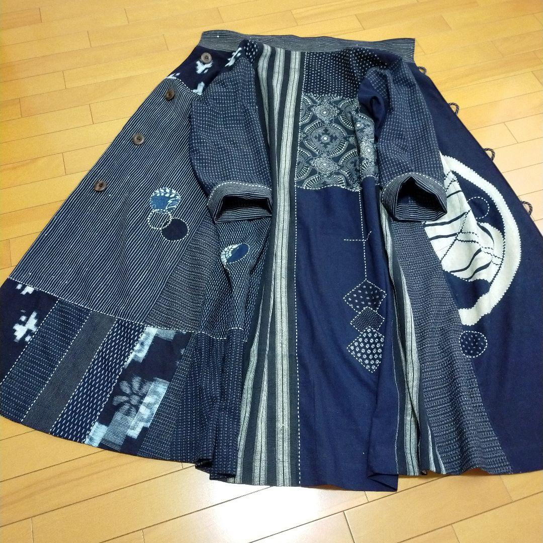 古布リメイク　筒描き、型染、縞木綿久留米絣からロングコート　　お値下げしました