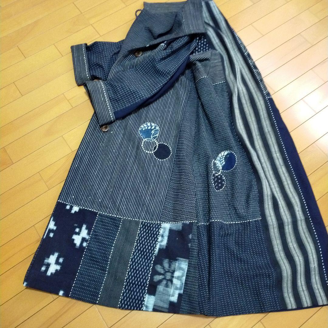 古布リメイク　筒描き、型染、縞木綿久留米絣からロングコート　　お値下げしました