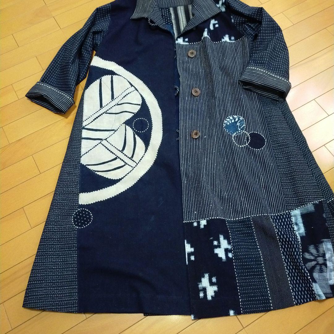 古布リメイク　筒描き、型染、縞木綿久留米絣からロングコート　　お値下げしました