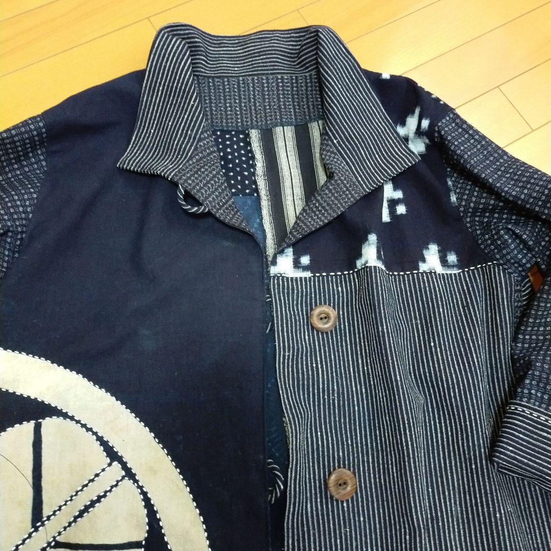 古布リメイク　筒描き、型染、縞木綿久留米絣からロングコート　　お値下げしました