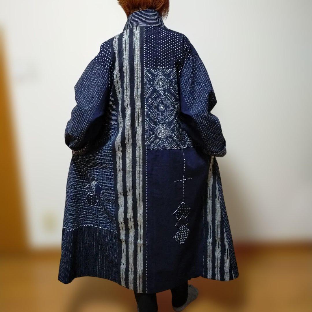 古布リメイク　筒描き、型染、縞木綿久留米絣からロングコート　　お値下げしました