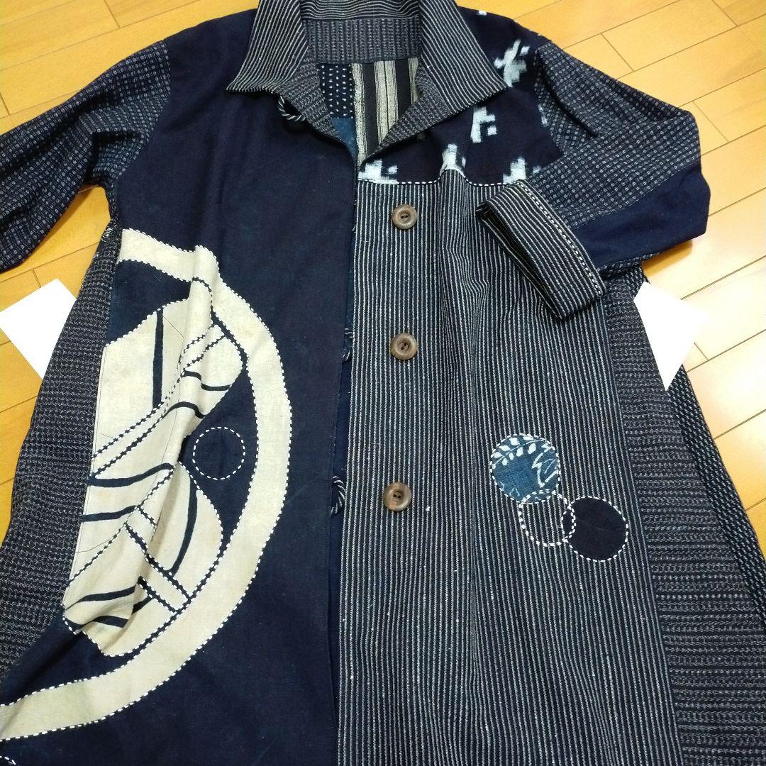 古布リメイク　筒描き、型染、縞木綿久留米絣からロングコート　　お値下げしました
