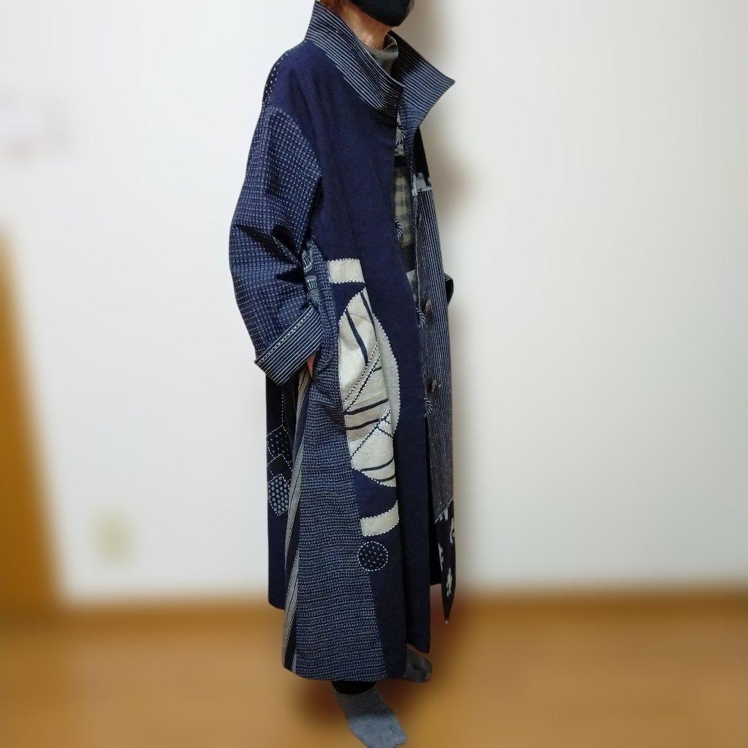 古布リメイク　筒描き、型染、縞木綿久留米絣からロングコート　　お値下げしました