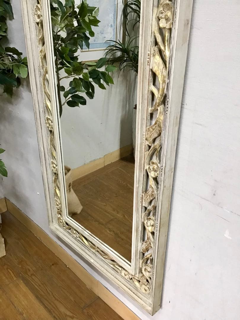 管306☆イタリア製☆木製手彫り彫刻☆アンティーク☆ウォールミラー☆大型鏡☆姿見